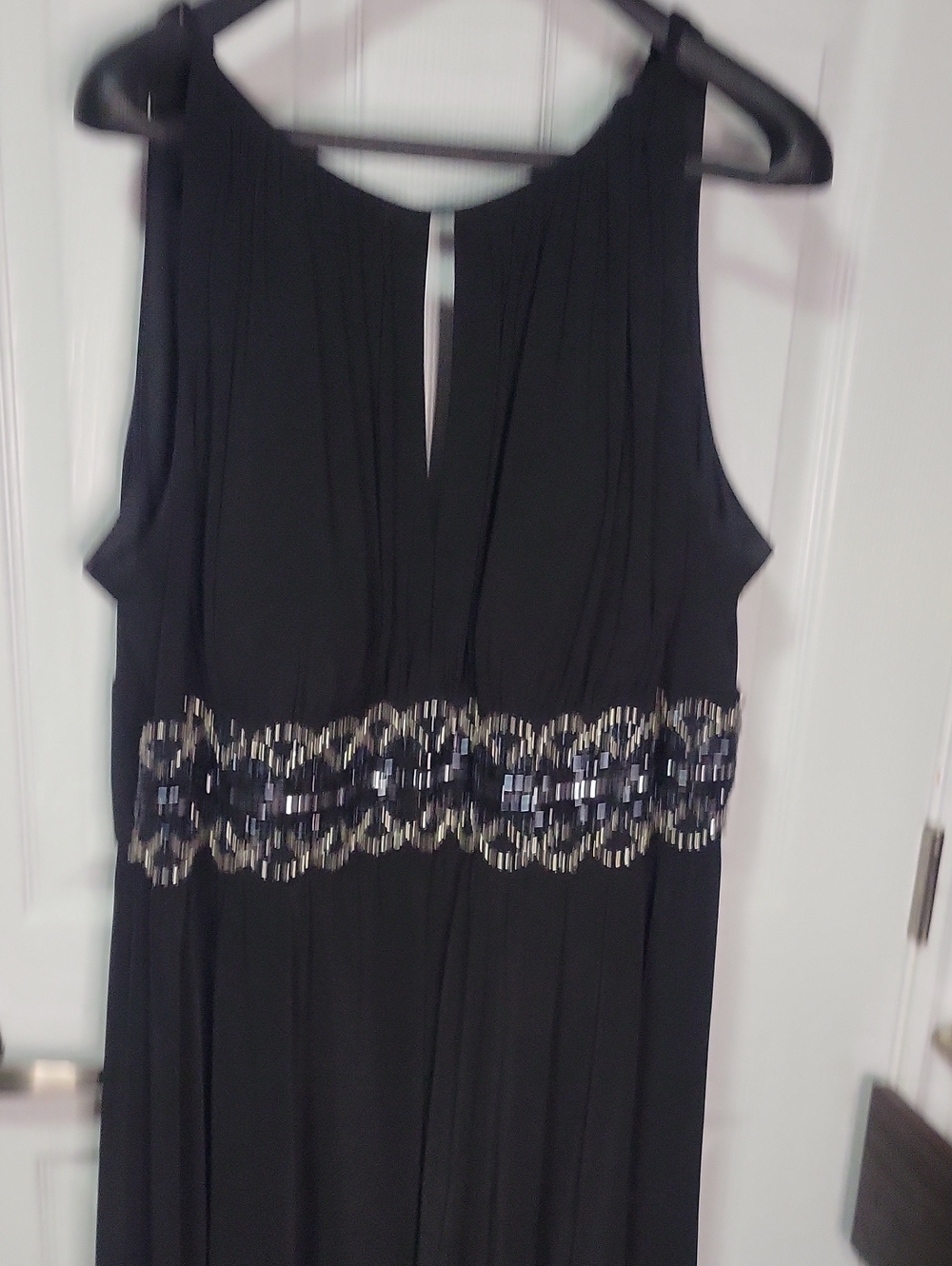 R&M Richards Black Long Sleeve Evening Dress with Beaded Waist